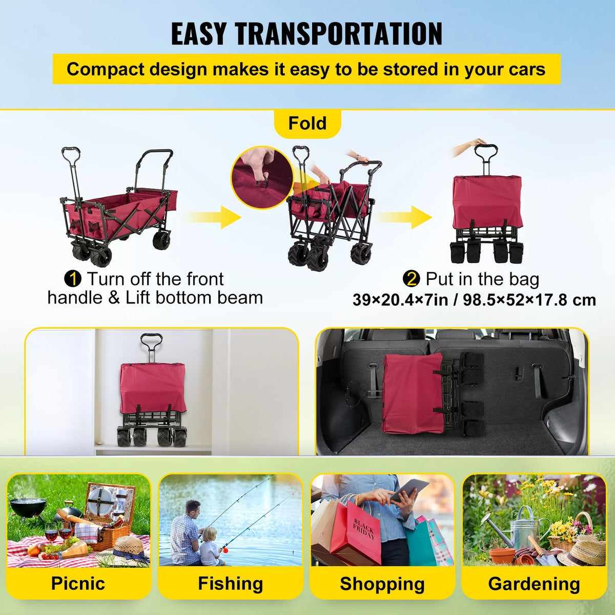 VEVOR Extra Large Collapsible Garden Cart with Removable Canopy, Folding Wagon Utility Carts with Wheels and Rear Storage, Wagon Cart for Garden, Camping, Grocery Cart, Shopping Cart, Red - View 4