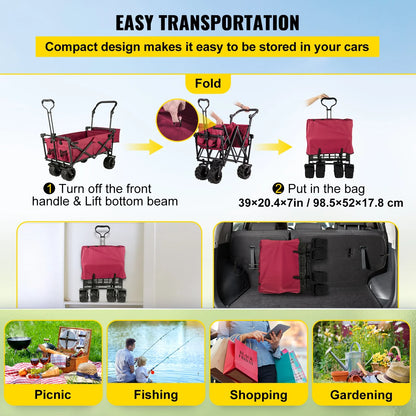 VEVOR Extra Large Collapsible Garden Cart with Removable Canopy, Folding Wagon Utility Carts with Wheels and Rear Storage, Wagon Cart for Garden, Camping, Grocery Cart, Shopping Cart, Red - View 4