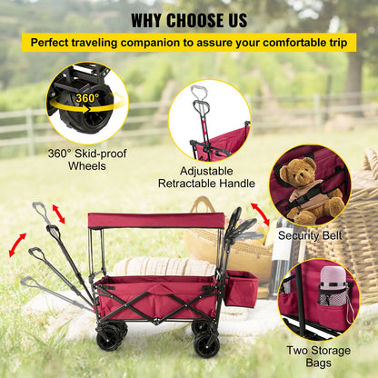 VEVOR Extra Large Collapsible Garden Cart with Removable Canopy, Folding Wagon Utility Carts with Wheels and Rear Storage, Wagon Cart for Garden, Camping, Grocery Cart, Shopping Cart, Red - View 5