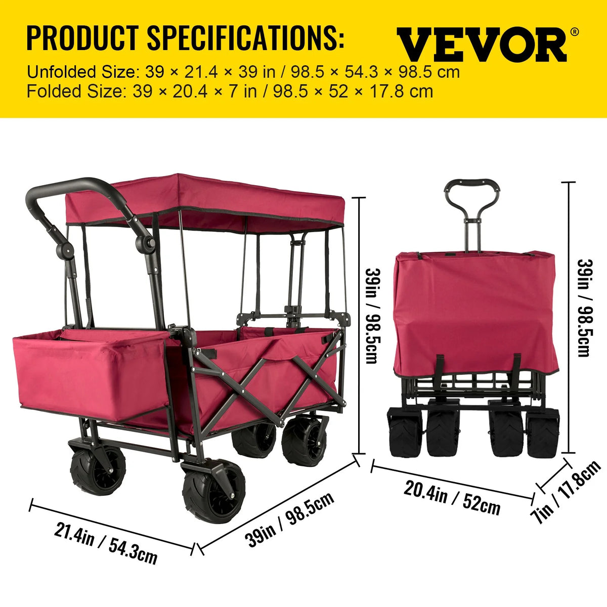VEVOR Extra Large Collapsible Garden Cart with Removable Canopy, Folding Wagon Utility Carts with Wheels and Rear Storage, Wagon Cart for Garden, Camping, Grocery Cart, Shopping Cart, Red - View 6