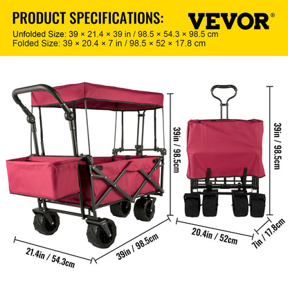 VEVOR Extra Large Collapsible Garden Cart with Removable Canopy, Folding Wagon Utility Carts with Wheels and Rear Storage, Wagon Cart for Garden, Camping, Grocery Cart, Shopping Cart, Red - View 6