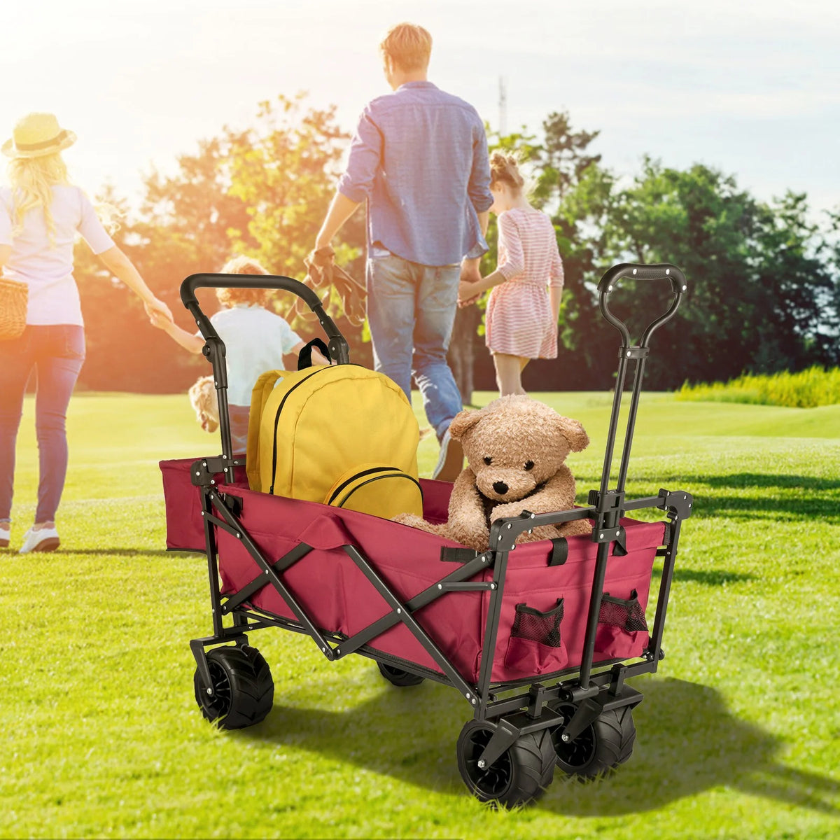 VEVOR Extra Large Collapsible Garden Cart with Removable Canopy, Folding Wagon Utility Carts with Wheels and Rear Storage, Wagon Cart for Garden, Camping, Grocery Cart, Shopping Cart, Red - View 7