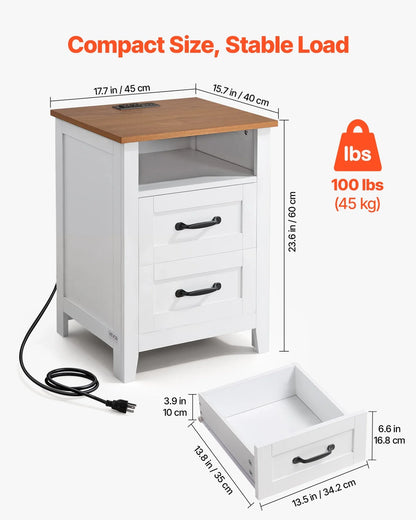 VEVOR Farmhouse Nightstands, with Charging Station, Set of 2, End Tables with 2 Drawers and Open Shelf, Bedside Storage Cabinets, Rustic Side Tables with USB Port, for Bedroom, Living Room, White - View 2