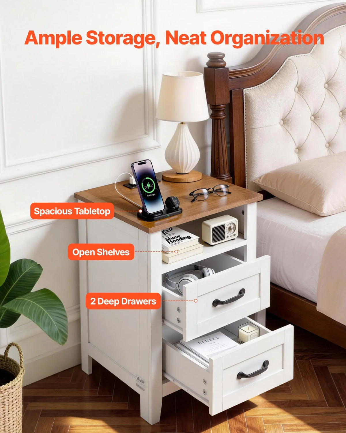 VEVOR Farmhouse Nightstands, with Charging Station, Set of 2, End Tables with 2 Drawers and Open Shelf, Bedside Storage Cabinets, Rustic Side Tables with USB Port, for Bedroom, Living Room, White - View 3