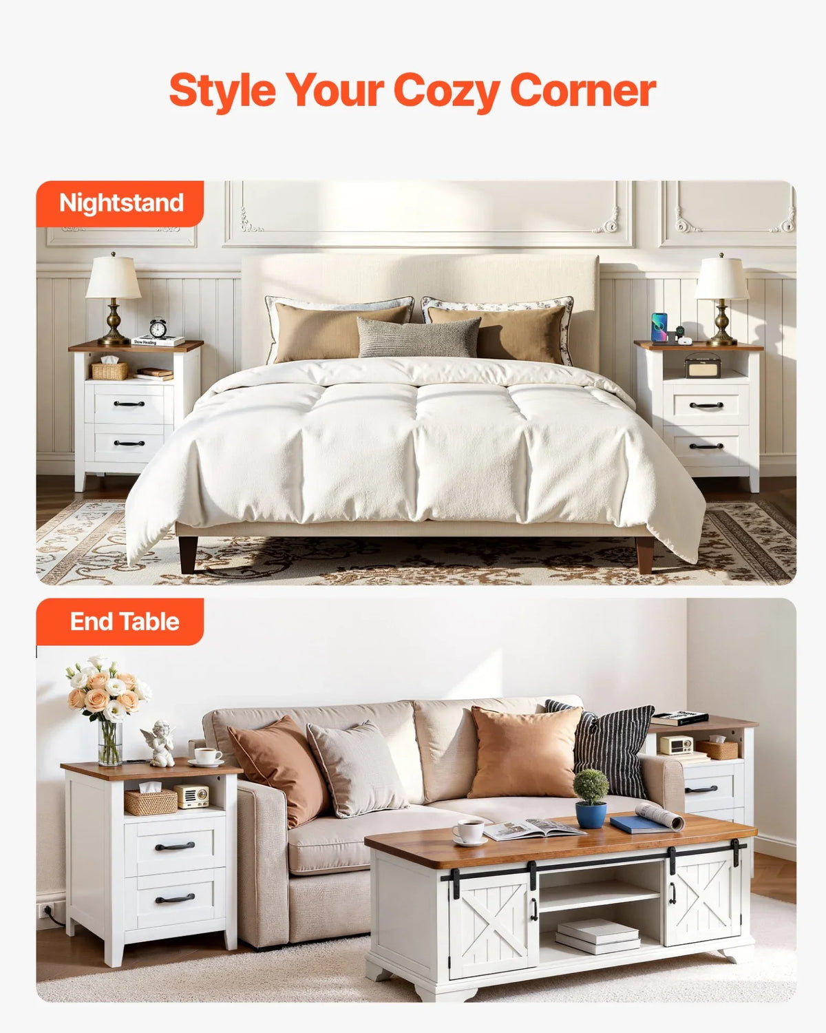 VEVOR Farmhouse Nightstands, with Charging Station, Set of 2, End Tables with 2 Drawers and Open Shelf, Bedside Storage Cabinets, Rustic Side Tables with USB Port, for Bedroom, Living Room, White - View 6