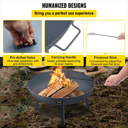 VEVOR Fire Pit Bowl, 34-Inch Diameter Round Carbon Steel Fire Bowl, Wood Burning for Outdoor Patios, Backyards & Camping Uses, with A Drain Hole, Portable Handles and A Firewood Stick, Black - View 4