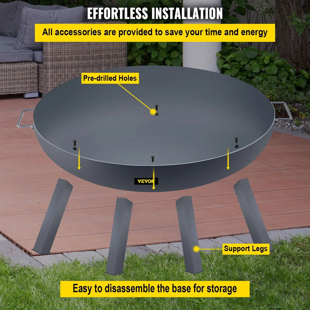 VEVOR Fire Pit Bowl, 34-Inch Diameter Round Carbon Steel Fire Bowl, Wood Burning for Outdoor Patios, Backyards & Camping Uses, with A Drain Hole, Portable Handles and A Firewood Stick, Black - View 5