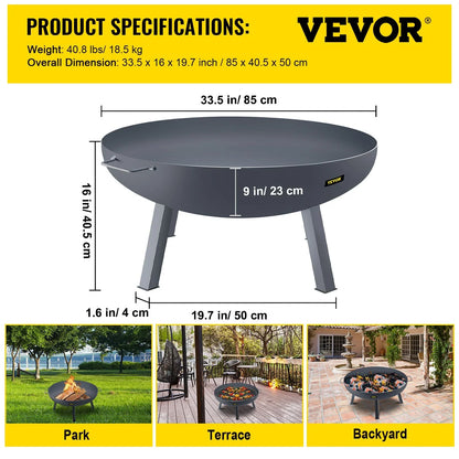 VEVOR Fire Pit Bowl, 34-Inch Diameter Round Carbon Steel Fire Bowl, Wood Burning for Outdoor Patios, Backyards & Camping Uses, with A Drain Hole, Portable Handles and A Firewood Stick, Black - View 6