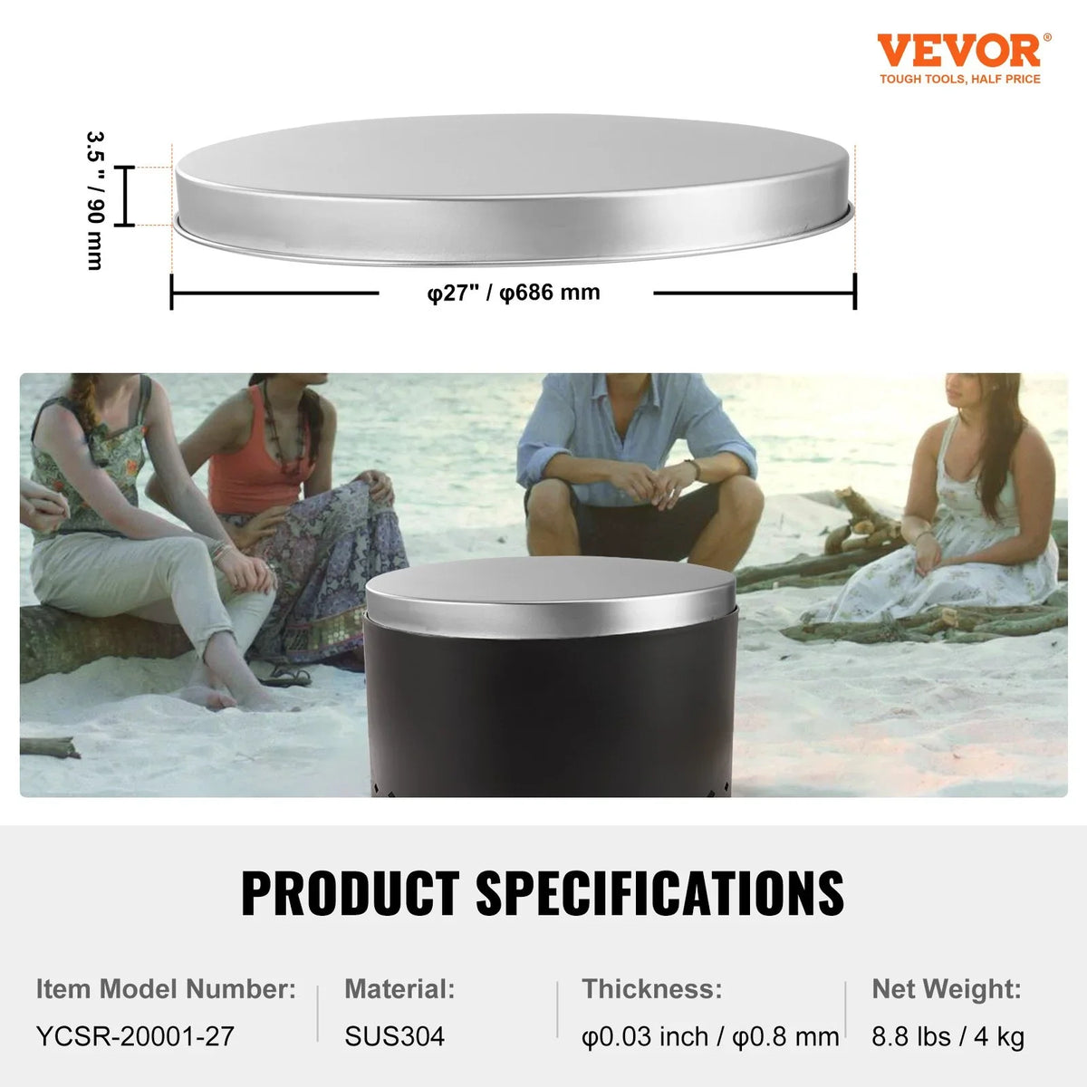 VEVOR Fire Pit Cover Lid, 27" Portable Firepit Spark Screen,Stainless Steel Steel Metal Cover, Easy-Opening Outdoor Wood Burning and Camping Stove Accessory, for Outdoor Patio Fire Pits Backyard - View 6