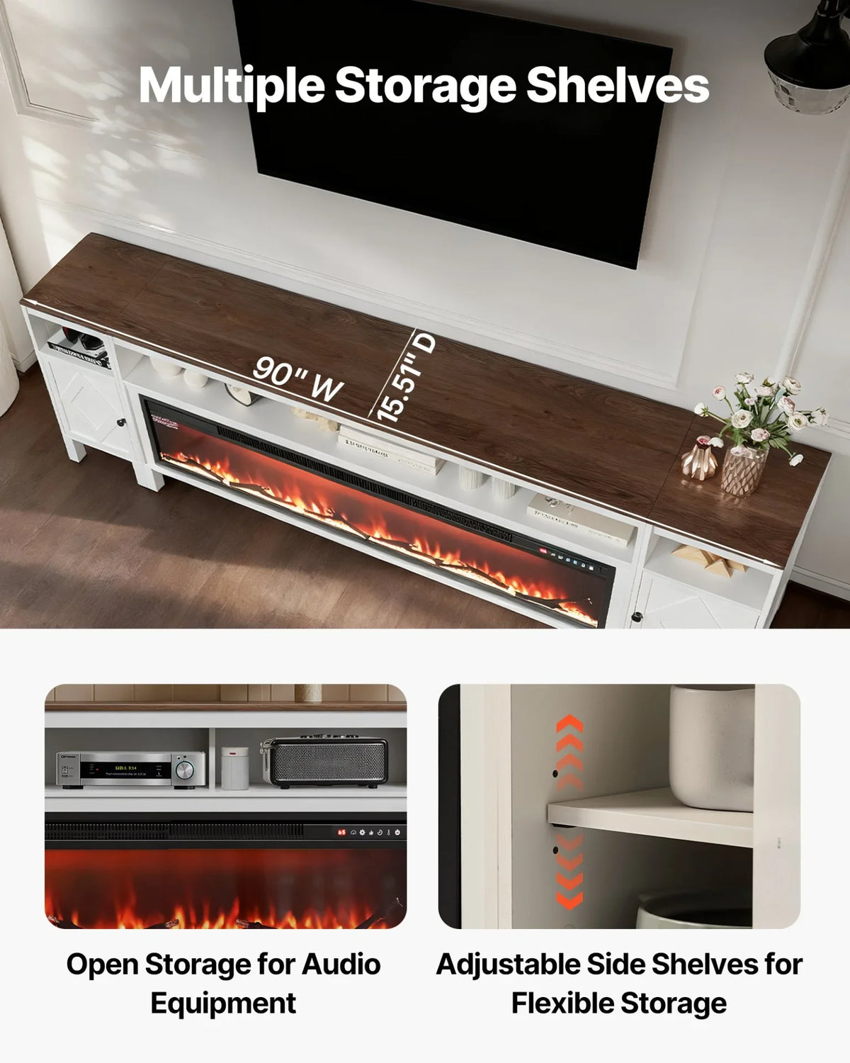 VEVOR Fireplace TV Stand, Farmhouse Fireplace TV Stand for TVs up to 100 inch, Farmhouse Entertainment Center with 60 inch Fireplace & Storage Drawers for Living Room Bedroom, Remote Control, White - View 4