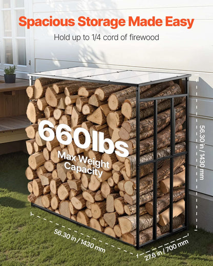 VEVOR Firewood Rack with Sloped Roof, 4 ft Outdoor Firewood Holder, 1/4 Cord Log Storage Shed, 660lb Max Weight Capacity, Powder-Coated Metal Wood Storage Rack for Fireplace Deck Backyard Garden - View 3