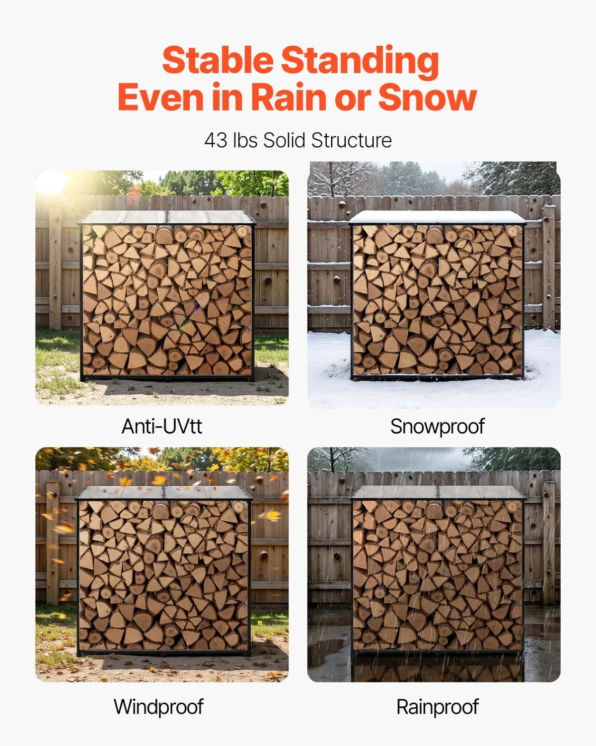 VEVOR Firewood Rack with Sloped Roof, 4 ft Outdoor Firewood Holder, 1/4 Cord Log Storage Shed, 660lb Max Weight Capacity, Powder-Coated Metal Wood Storage Rack for Fireplace Deck Backyard Garden - View 5