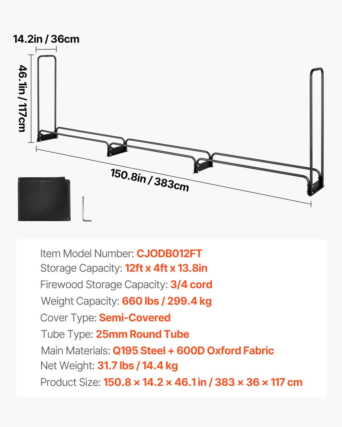 VEVOR Firewood Rack with Waterproof Cover, 150 x 14 x 46 in Outdoor Firewood Holder, 660lb Weight Capacity, 1/2 Cord Log Holder, Half-Covered, Powder-coated Wood Storage Rack for Fireplace Deck - View 8