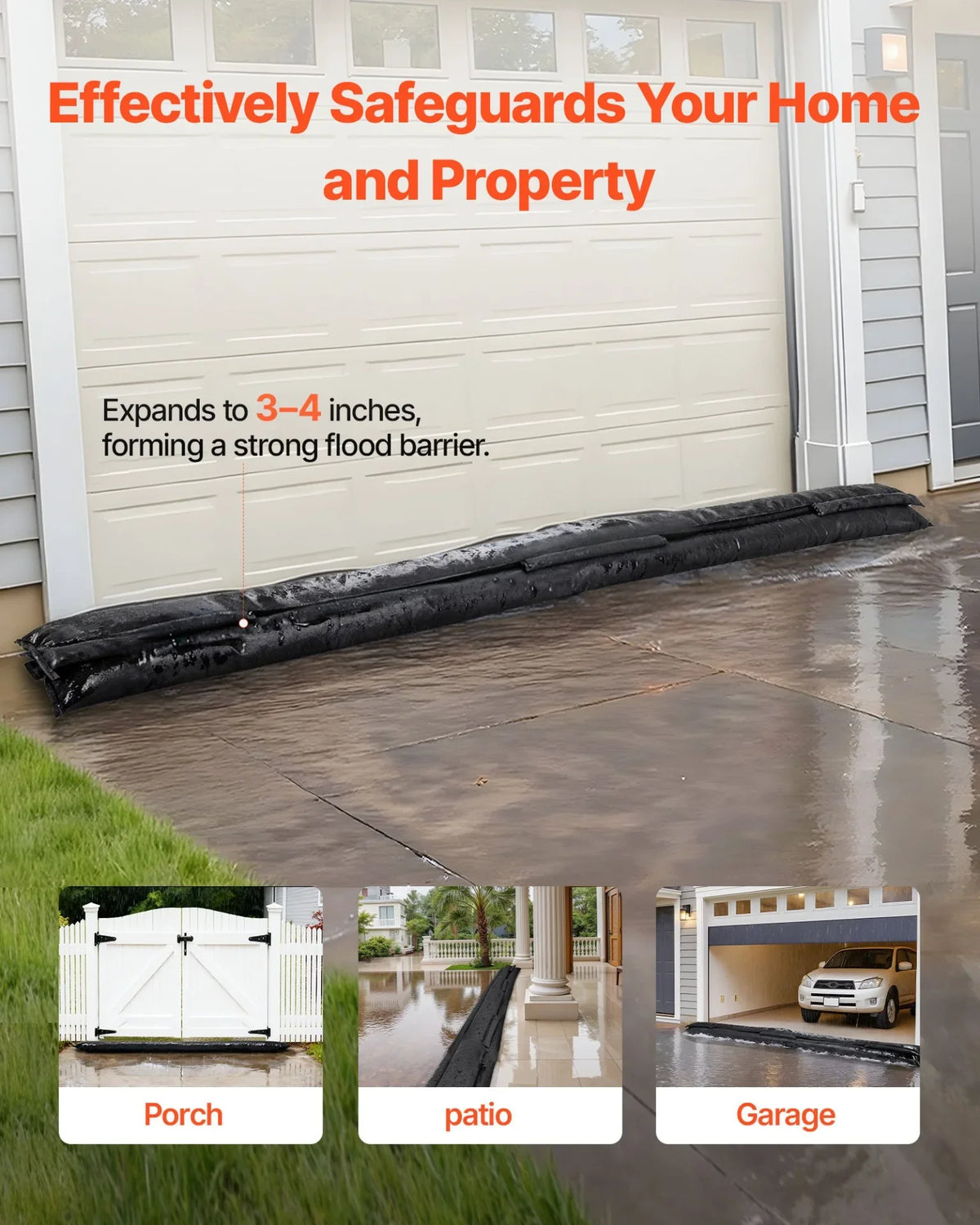 VEVOR Flood Barrier, 8 Pack, 10 x 0.7 ft Flood Bags Activated by Water, Reusable Water Absorbent Barrier, Sandless Sandbags Blockage, Flooding Prevention Bags for Home, Doorway, Basement, Garage