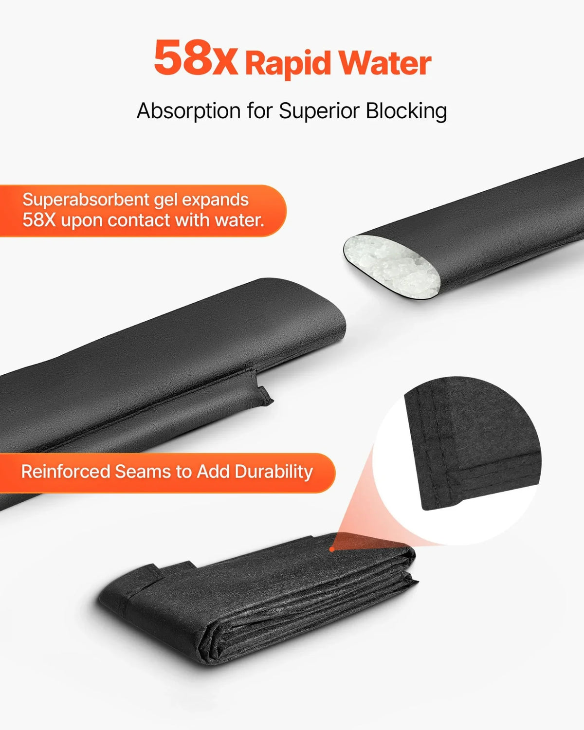 VEVOR Flood Barrier, 8 Pack, 10 x 0.7 ft Flood Bags Activated by Water, Reusable Water Absorbent Barrier, Sandless Sandbags Blockage, Flooding Prevention Bags for Home, Doorway, Basement, Garage - View 2