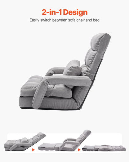 VEVOR Floor Chair, Floor Gaming Chair with 5 Adjustable Position and Back Support, Folding Sofa Chair with Armrest for Adults, Sofa Lounger Bed with Back Cushion for Living Room and Bedroom, Gray - View 4