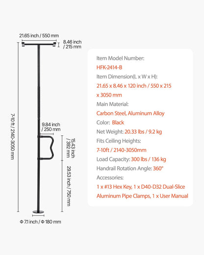 VEVOR Floor-to-Ceiling Transfer Pole, Tension Mounted Bathroom Grab Bar with Anti-Slip Curve Handle, 300 Lbs Capacity Security Pole for Elderly, Ideal Senior Safety Pole for 7-10 Ft Ceilings, Black - View 6