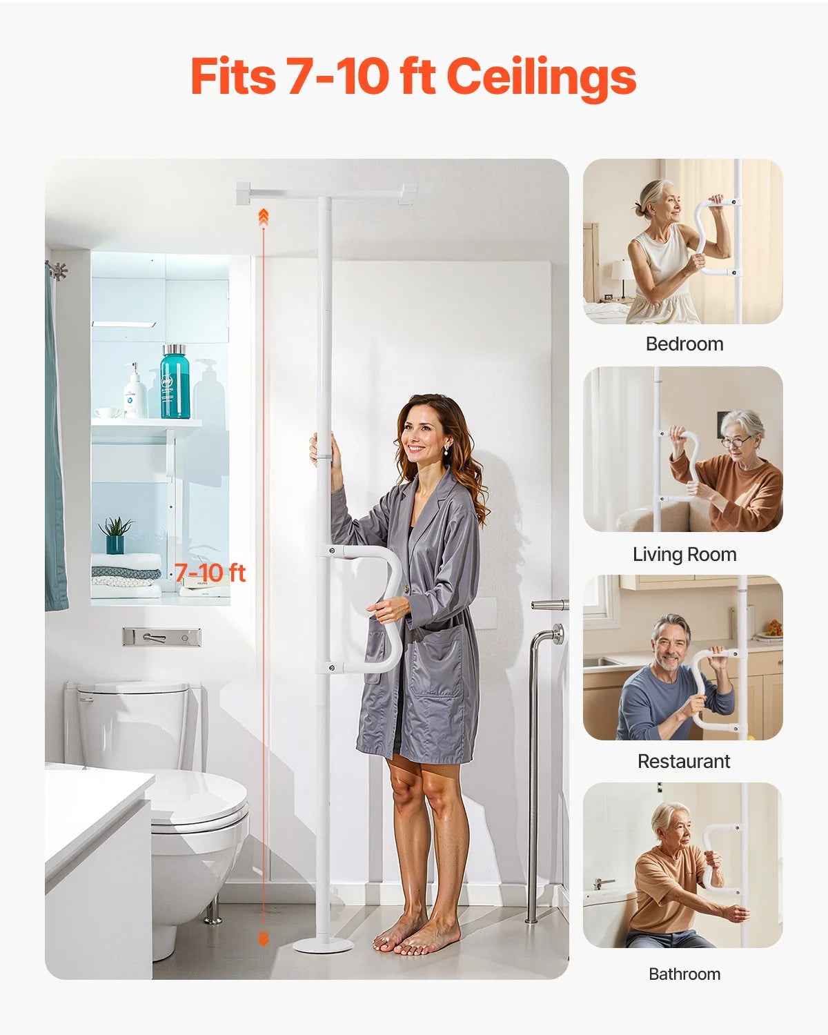 VEVOR Floor-to-Ceiling Transfer Pole, Tension Mounted Bathroom Grab Bar with Anti-Slip Curve Handle, 300 Lbs Capacity Security Pole for Elderly, Ideal Senior Safety Pole for 7-10 Ft Ceilings, White - View 2