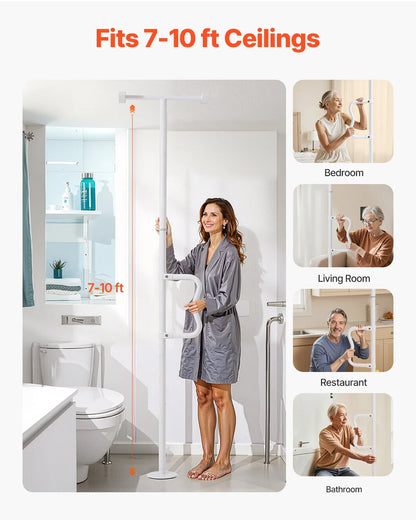 VEVOR Floor-to-Ceiling Transfer Pole, Tension Mounted Bathroom Grab Bar with Anti-Slip Curve Handle, 300 Lbs Capacity Security Pole for Elderly, Ideal Senior Safety Pole for 7-10 Ft Ceilings, White - View 2