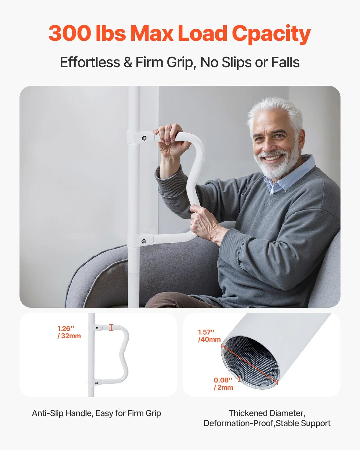 VEVOR Floor-to-Ceiling Transfer Pole, Tension Mounted Bathroom Grab Bar with Anti-Slip Curve Handle, 300 Lbs Capacity Security Pole for Elderly, Ideal Senior Safety Pole for 7-10 Ft Ceilings, White - View 3