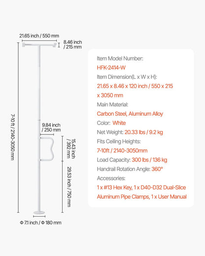 VEVOR Floor-to-Ceiling Transfer Pole, Tension Mounted Bathroom Grab Bar with Anti-Slip Curve Handle, 300 Lbs Capacity Security Pole for Elderly, Ideal Senior Safety Pole for 7-10 Ft Ceilings, White - View 7