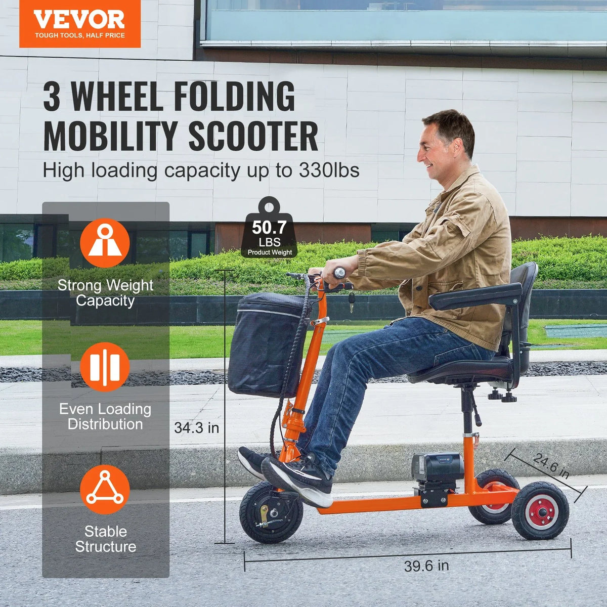 VEVOR Foldable 3 Wheel Mobility Scooter for Seniors, Portable Electric Powered Mobility Scooter with 12 Mile Long Range, All Terrain Travel Wheelchair with 48V Lithium-ion Battery, Max Support 330LBS - View 2
