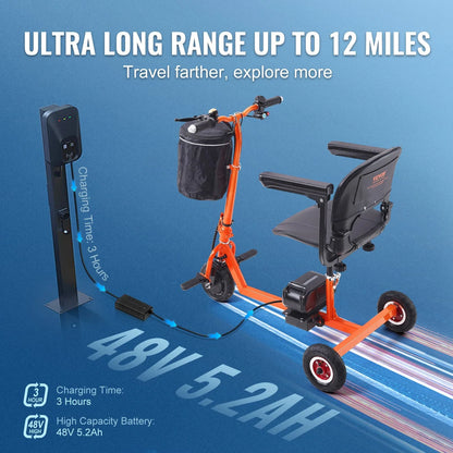 VEVOR Foldable 3 Wheel Mobility Scooter for Seniors, Portable Electric Powered Mobility Scooter with 12 Mile Long Range, All Terrain Travel Wheelchair with 48V Lithium-ion Battery, Max Support 330LBS - View 4