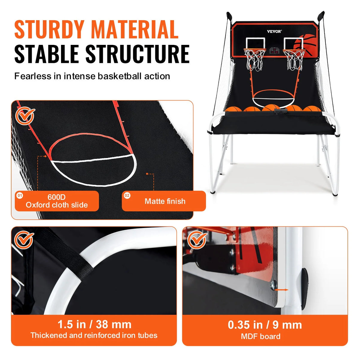 VEVOR Foldable Basketball Arcade Game, 2 Player Indoor Basketball Game, Home Dual Shot Sport with 5 Balls, 8 Game Modes, Electronic Scoreboard, and Inflation Pump, for Kids, Adults (Black & White) - View 2