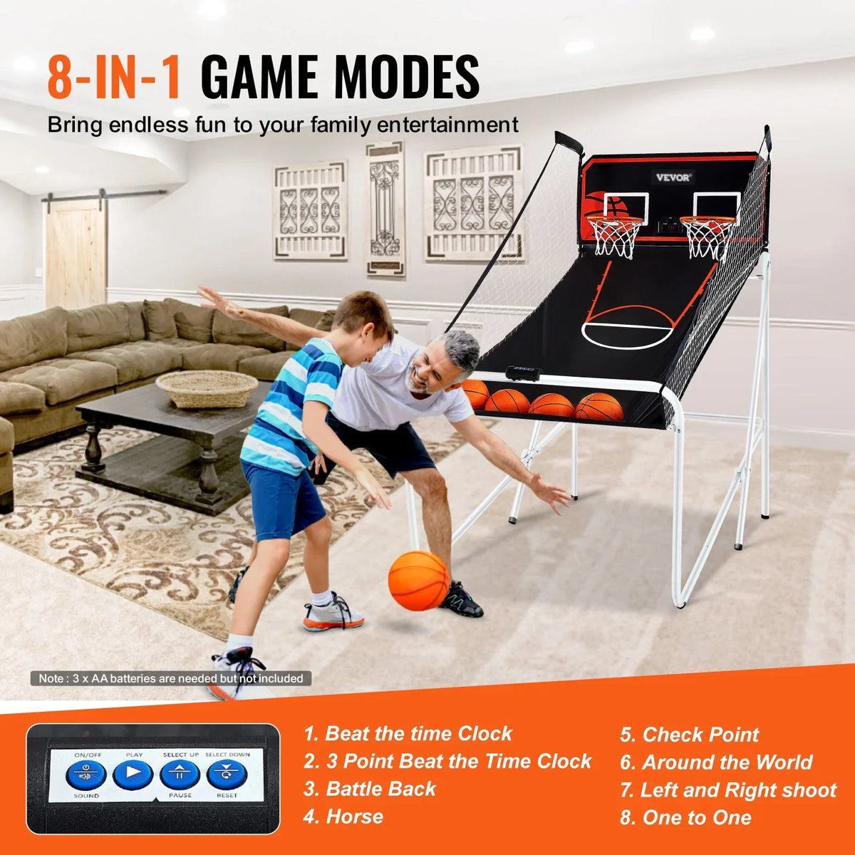 VEVOR Foldable Basketball Arcade Game, 2 Player Indoor Basketball Game, Home Dual Shot Sport with 4 Balls, 8 Game Modes, Electronic Scoreboard, and Inflation Pump, for Kids, Adults (Black & White) - View 3