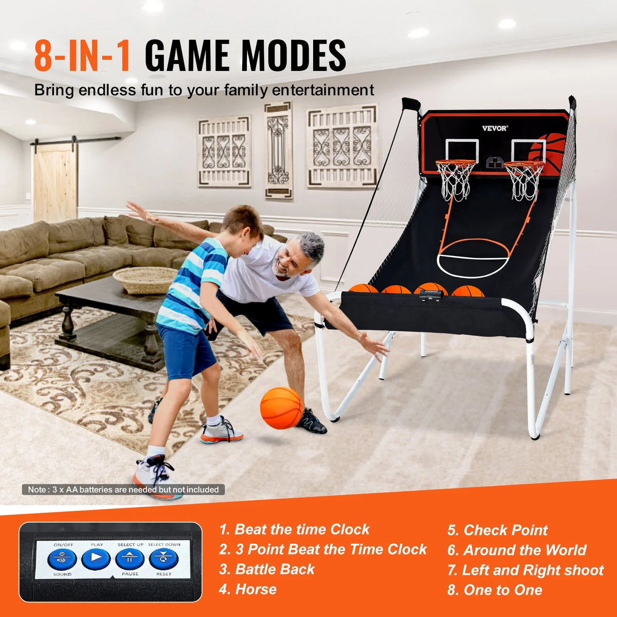VEVOR Foldable Basketball Arcade Game, 2 Player Indoor Basketball Game, Home Dual Shot Sport with 5 Balls, 8 Game Modes, Electronic Scoreboard, and Inflation Pump, for Kids, Adults (Black & White) - View 3