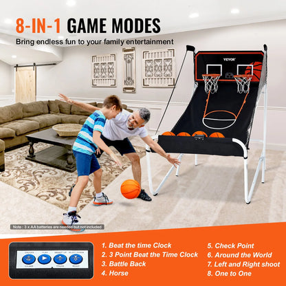 VEVOR Foldable Basketball Arcade Game, 2 Player Indoor Basketball Game, Home Dual Shot Sport with 5 Balls, 8 Game Modes, Electronic Scoreboard, and Inflation Pump, for Kids, Adults (Black & White) - View 3