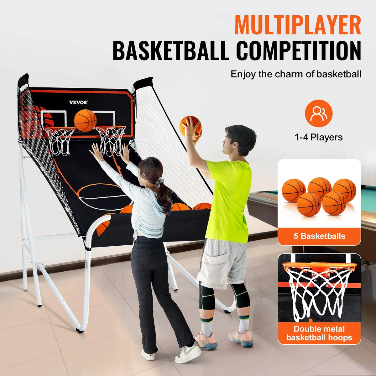 VEVOR Foldable Basketball Arcade Game, 2 Player Indoor Basketball Game, Home Dual Shot Sport with 5 Balls, 8 Game Modes, Electronic Scoreboard, and Inflation Pump, for Kids, Adults (Black & White) - View 4