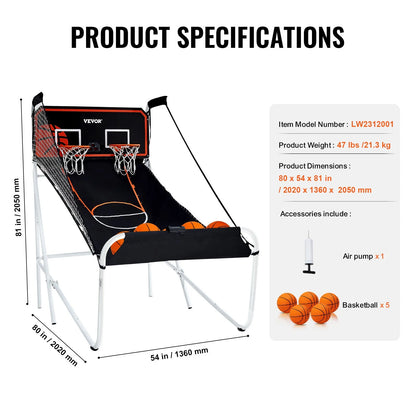 VEVOR Foldable Basketball Arcade Game, 2 Player Indoor Basketball Game, Home Dual Shot Sport with 5 Balls, 8 Game Modes, Electronic Scoreboard, and Inflation Pump, for Kids, Adults (Black & White) - View 6