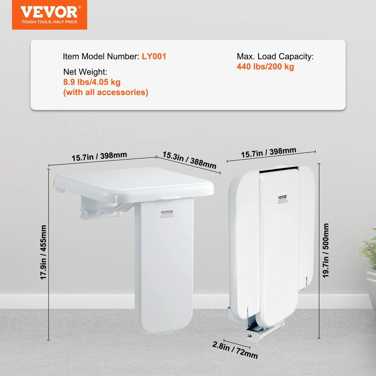 VEVOR Folding ABS Shower Seat, 15.7'' x 16.7'' Unfolded, Wall Mounted Fold Up Shower Bench with 440 lbs Load Capacity, Space Saving Fold Down Shower Chair for Seniors Pregnant Women Children Adults - View 6