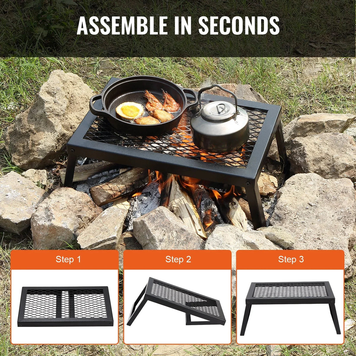 VEVOR Folding Campfire Grill, Heavy Duty Steel Mesh Grate, 18" Portable Camping Grates Over Fire Pit, Camp Fire Cooking Equipment with Legs Carrying Bag, Grilling Rack for Outdoor Open Flame Cooking - View 7