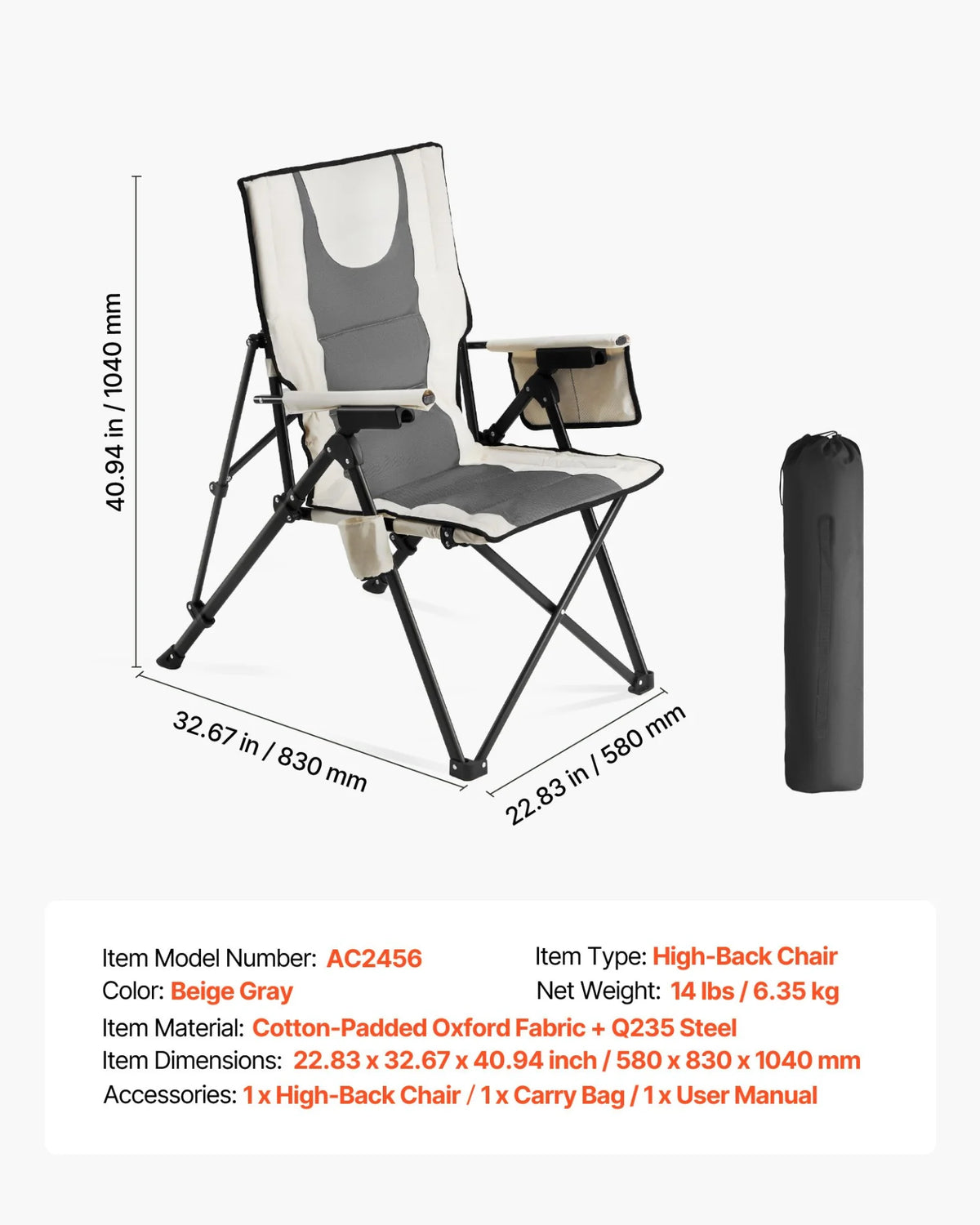 VEVOR Folding Camping Chair Portable High Back Chair Heavy Duty with Cupholder - View 6