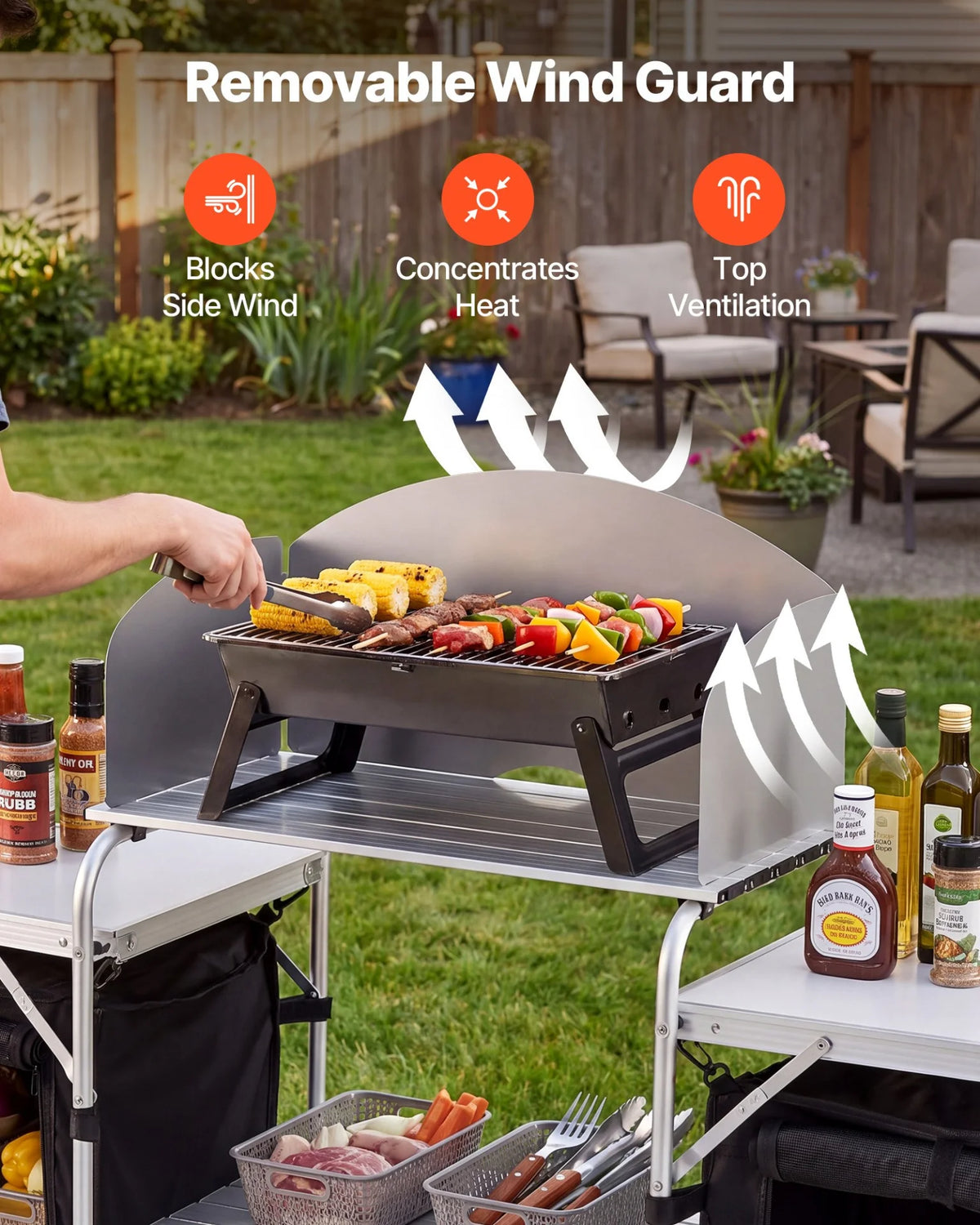 VEVOR Folding Camping Table, Outdoor Portable Aluminum Lightweight Table, Quick Set-up Kitchen Cook Station, with Storage Organizer, Detachable Windscreen, Carrying Bag, Ideal for Picnic BBQ Traveling - View 2