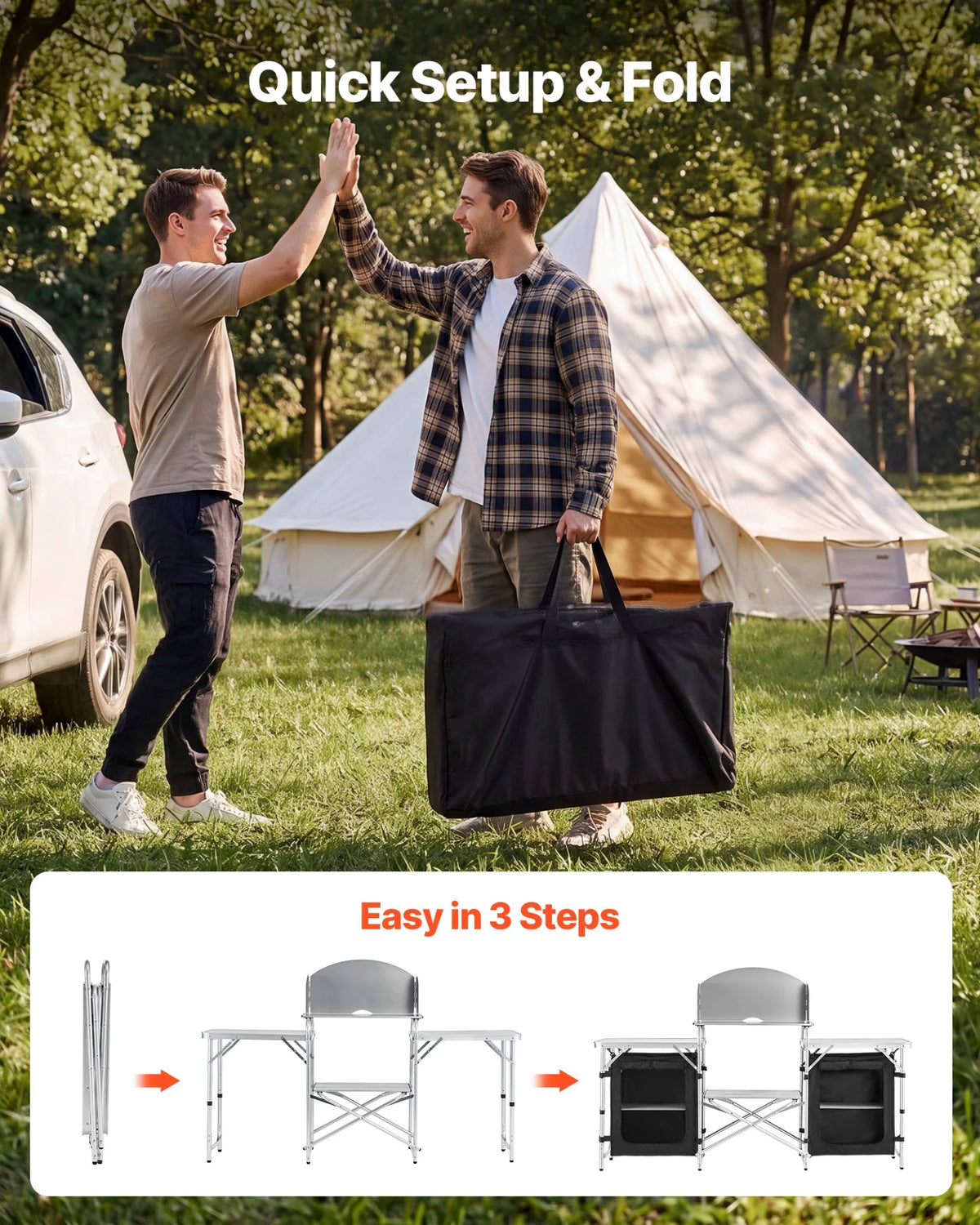 VEVOR Folding Camping Table, Outdoor Portable Aluminum Lightweight Table, Quick Set-up Kitchen Cook Station, with Storage Organizer, Detachable Windscreen, Carrying Bag, Ideal for Picnic BBQ Traveling - View 3