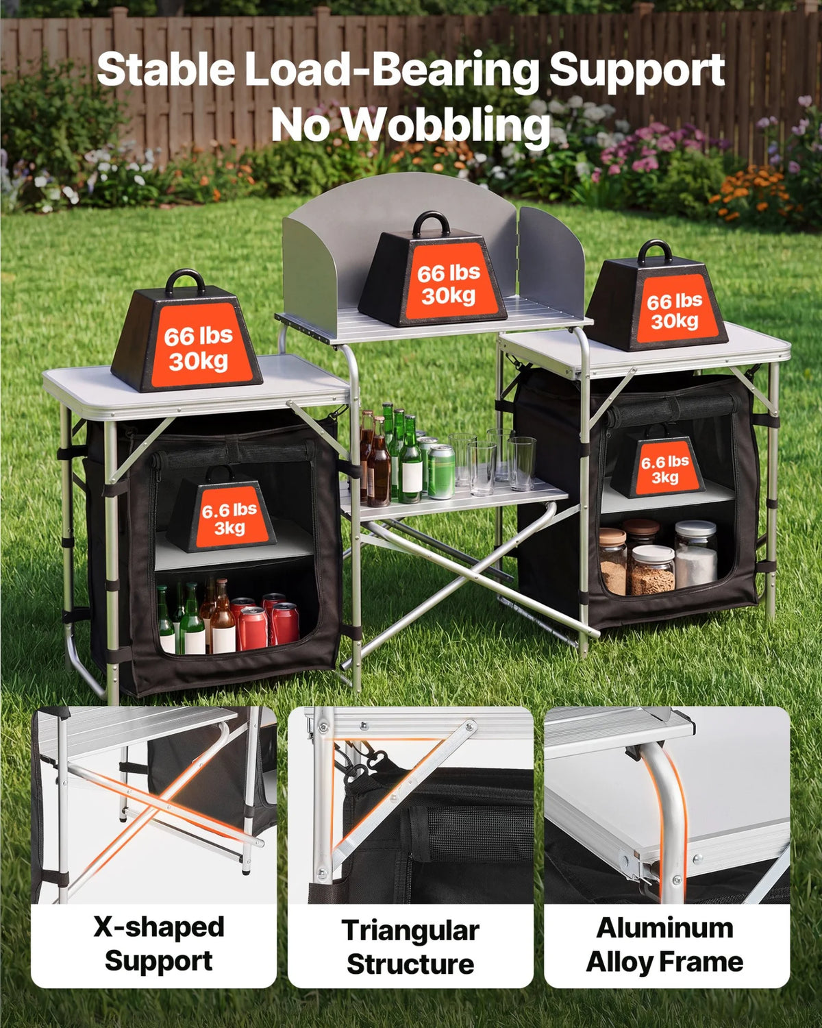 VEVOR Folding Camping Table, Outdoor Portable Aluminum Lightweight Table, Quick Set-up Kitchen Cook Station, with Storage Organizer, Detachable Windscreen, Carrying Bag, Ideal for Picnic BBQ Traveling - View 4