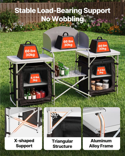 VEVOR Folding Camping Table, Outdoor Portable Aluminum Lightweight Table, Quick Set-up Kitchen Cook Station, with Storage Organizer, Detachable Windscreen, Carrying Bag, Ideal for Picnic BBQ Traveling - View 4