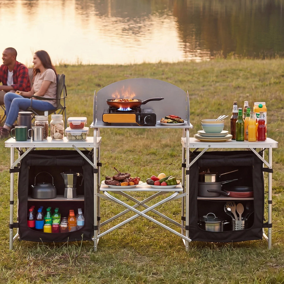 VEVOR Folding Camping Table, Outdoor Portable Aluminum Lightweight Table, Quick Set-up Kitchen Cook Station, with Storage Organizer, Detachable Windscreen, Carrying Bag, Ideal for Picnic BBQ Traveling - View 7