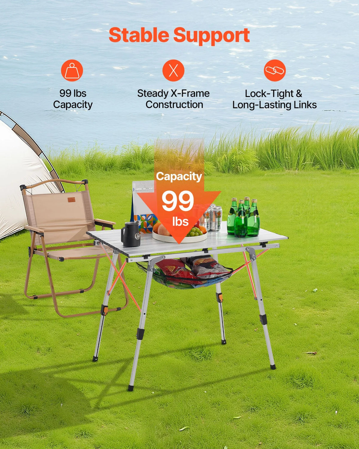 VEVOR Folding Camping Table, Portable Roll Up Side Tables, Lightweight Aluminum Beach Table with Adjustable Height, Top Mesh Layer and Carry Bag, For Outdoor BBQ Tailgating Picnic, Travel, Silver - View 2