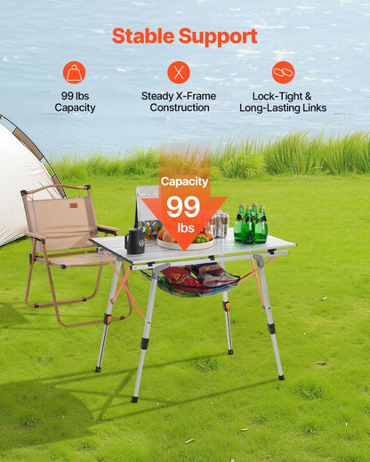 VEVOR Folding Camping Table, Portable Roll Up Side Tables, Lightweight Aluminum Beach Table with Adjustable Height, Top Mesh Layer and Carry Bag, For Outdoor BBQ Tailgating Picnic, Travel, Silver - View 2