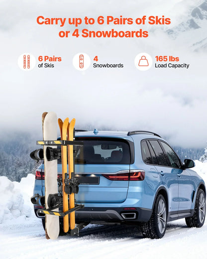 VEVOR Folding Hitch Mounted Ski & Snowboard Rack, Fits 2-Inch Receiver, Carries up to 6 Pairs of Skis or 4 Snowboards, Adjustable Hitch-Mounted Rack for Car with Key Lock, Security Strap, Tilt Access