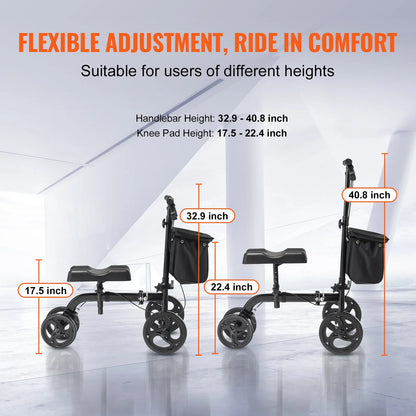 VEVOR Folding Knee Scooter, Carbon Steel Steerable Knee Walker with Height-Adjustable Handlebar & Knee Pad, All-Terrain Solid Wheels, Dual Brakes, Leg Recovery Scooter for Broken Ankle Foot Injuries - View 2