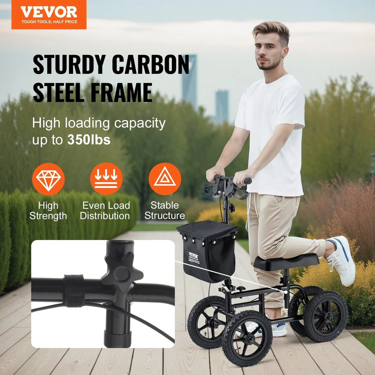 VEVOR Folding Knee Scooter, Carbon Steel Steerable Knee Walker with Height-Adjustable Handlebar & Knee Pad, 12" All-Terrain Wheel, Dual Brakes, Leg Recovery Scooter for Injured Ankle Foot Knee, 350LBS - View 2