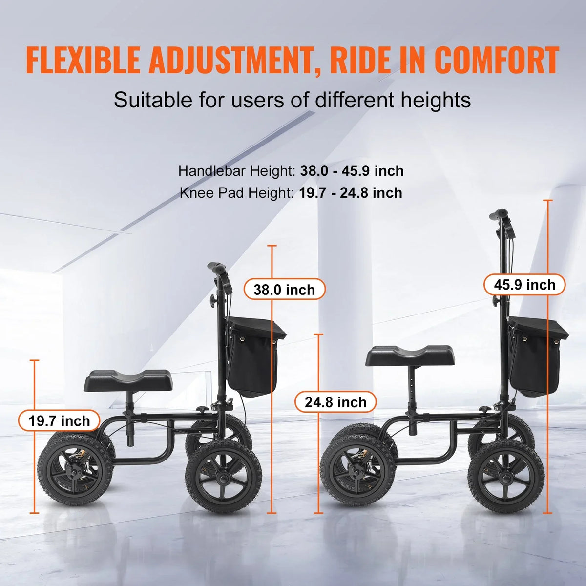 VEVOR Folding Knee Scooter, Carbon Steel Steerable Knee Walker with Height-Adjustable Handlebar & Knee Pad, 12" All-Terrain Wheel, Dual Brakes, Leg Recovery Scooter for Injured Ankle Foot Knee, 350LBS - View 3