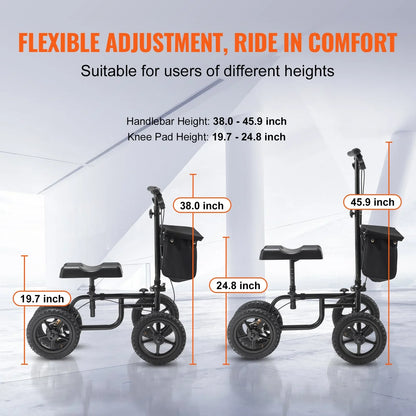 VEVOR Folding Knee Scooter, Carbon Steel Steerable Knee Walker with Height-Adjustable Handlebar & Knee Pad, 12" All-Terrain Wheel, Dual Brakes, Leg Recovery Scooter for Injured Ankle Foot Knee, 350LBS - View 3