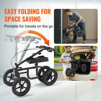 VEVOR Folding Knee Scooter, Carbon Steel Steerable Knee Walker with Height-Adjustable Handlebar & Knee Pad, 12" All-Terrain Wheel, Dual Brakes, Leg Recovery Scooter for Injured Ankle Foot Knee, 350LBS - View 6