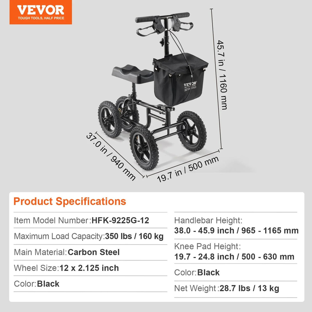 VEVOR Folding Knee Scooter, Carbon Steel Steerable Knee Walker with Height-Adjustable Handlebar & Knee Pad, 12" All-Terrain Wheel, Dual Brakes, Leg Recovery Scooter for Injured Ankle Foot Knee, 350LBS - View 7